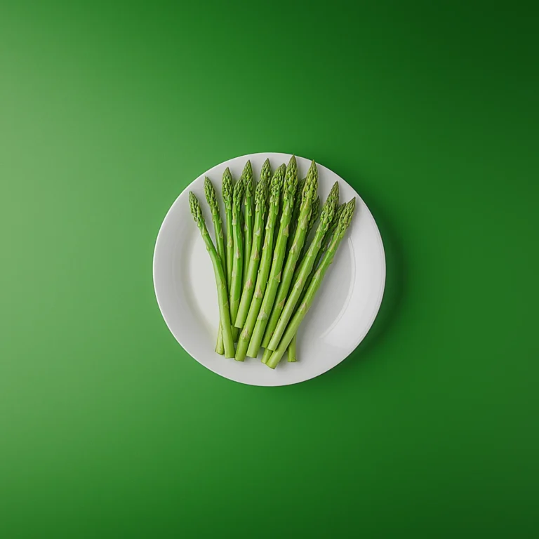 Seasonal asparagus on a plate centered on a green backdrop