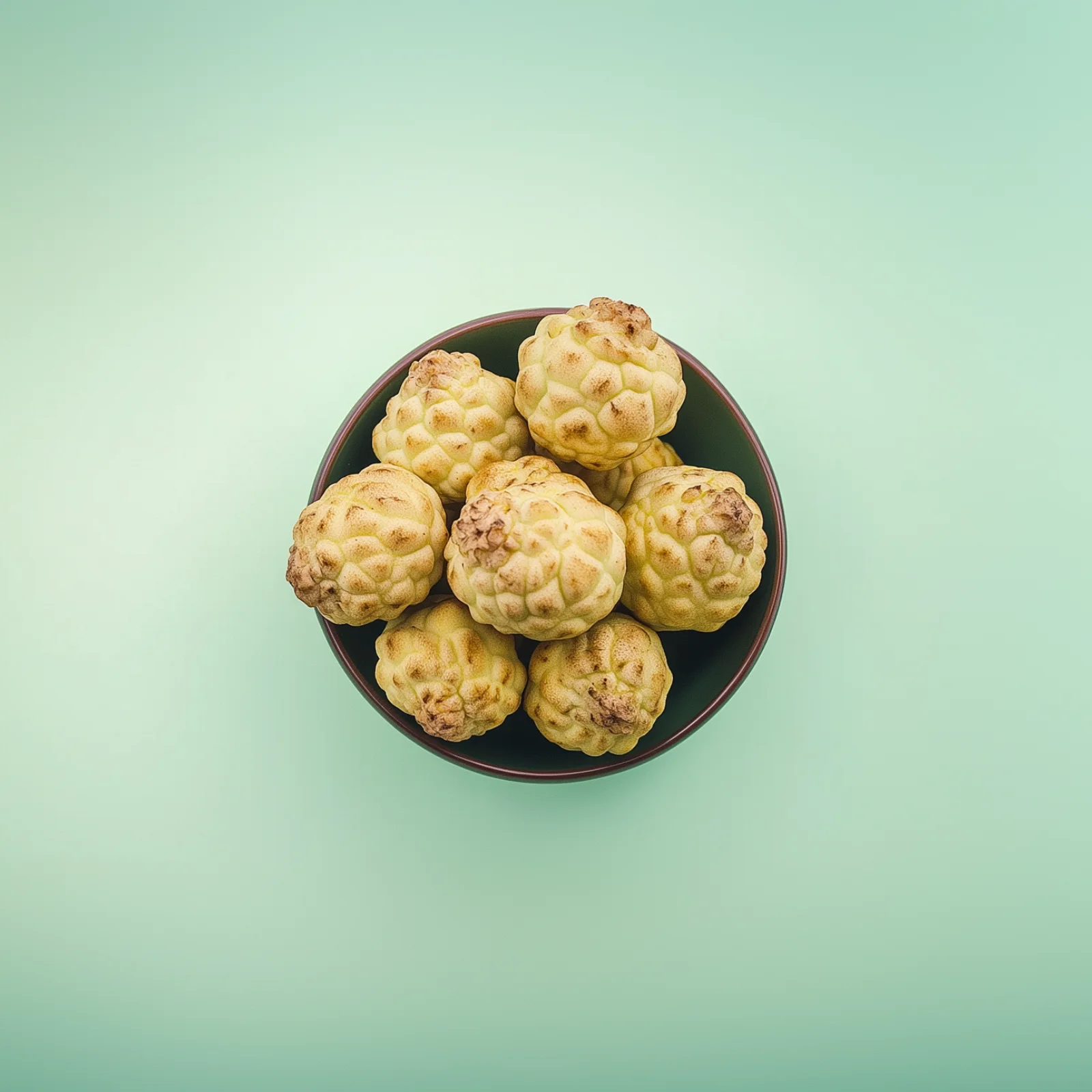 Seasonal custard apples in a brown bowl on a green surface