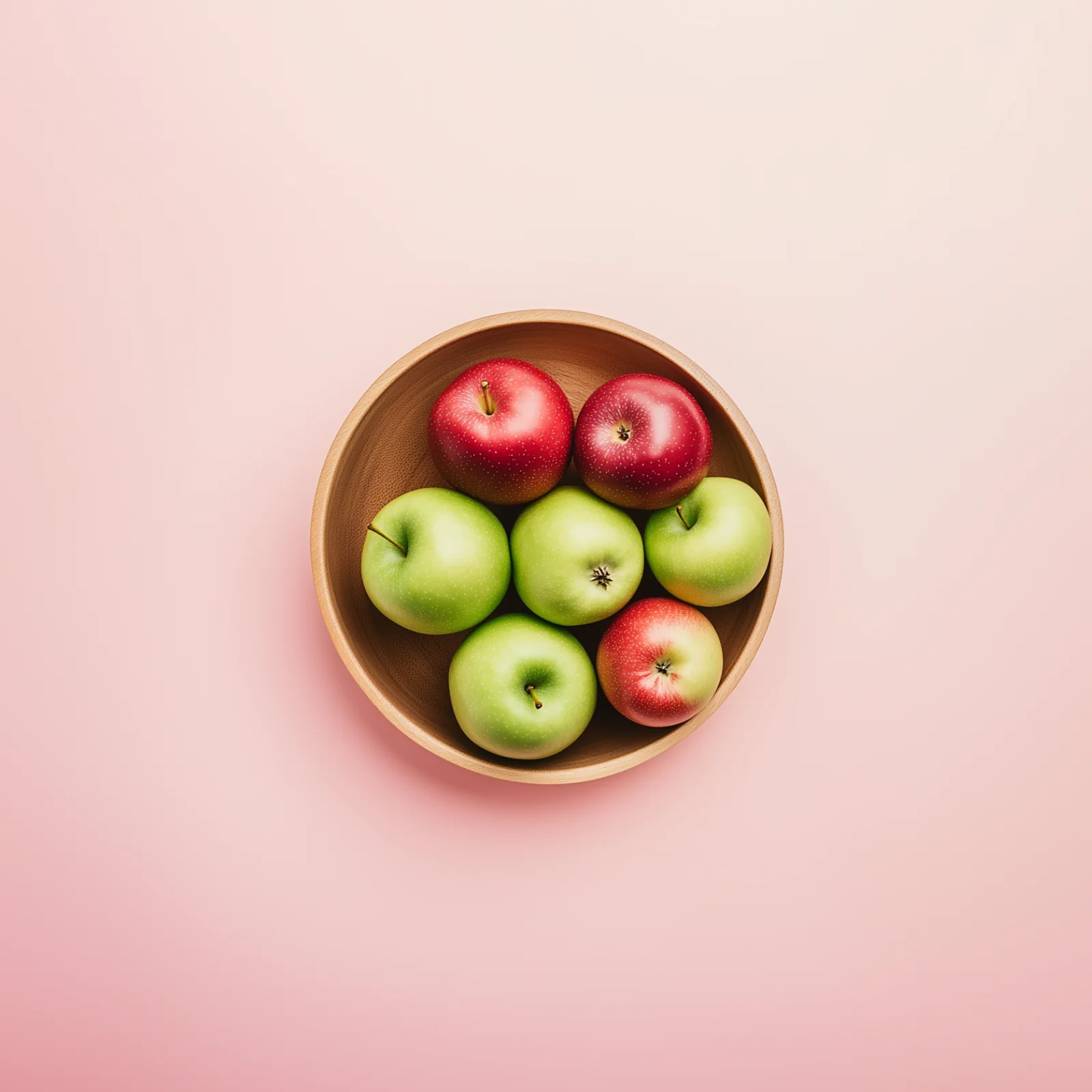 Seasonal apples in a wooden bowl on a pink background