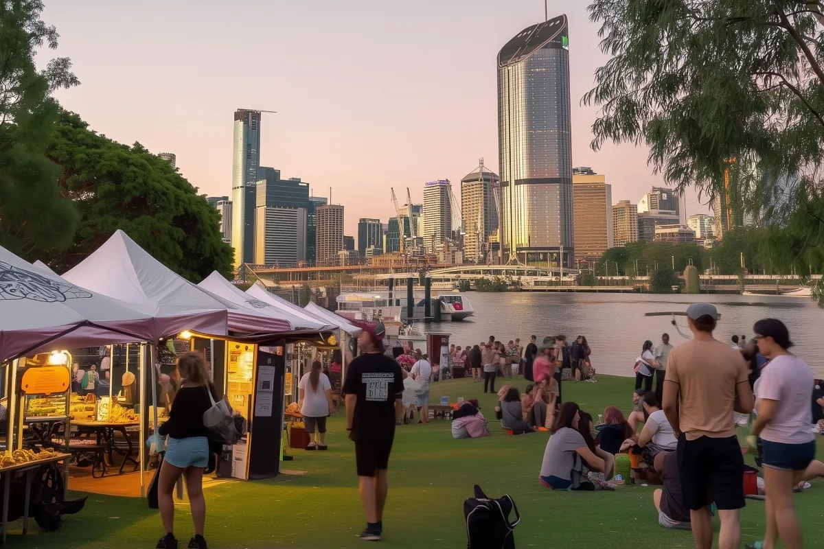 Farmers markets in Brisbane near the river overlooking the city