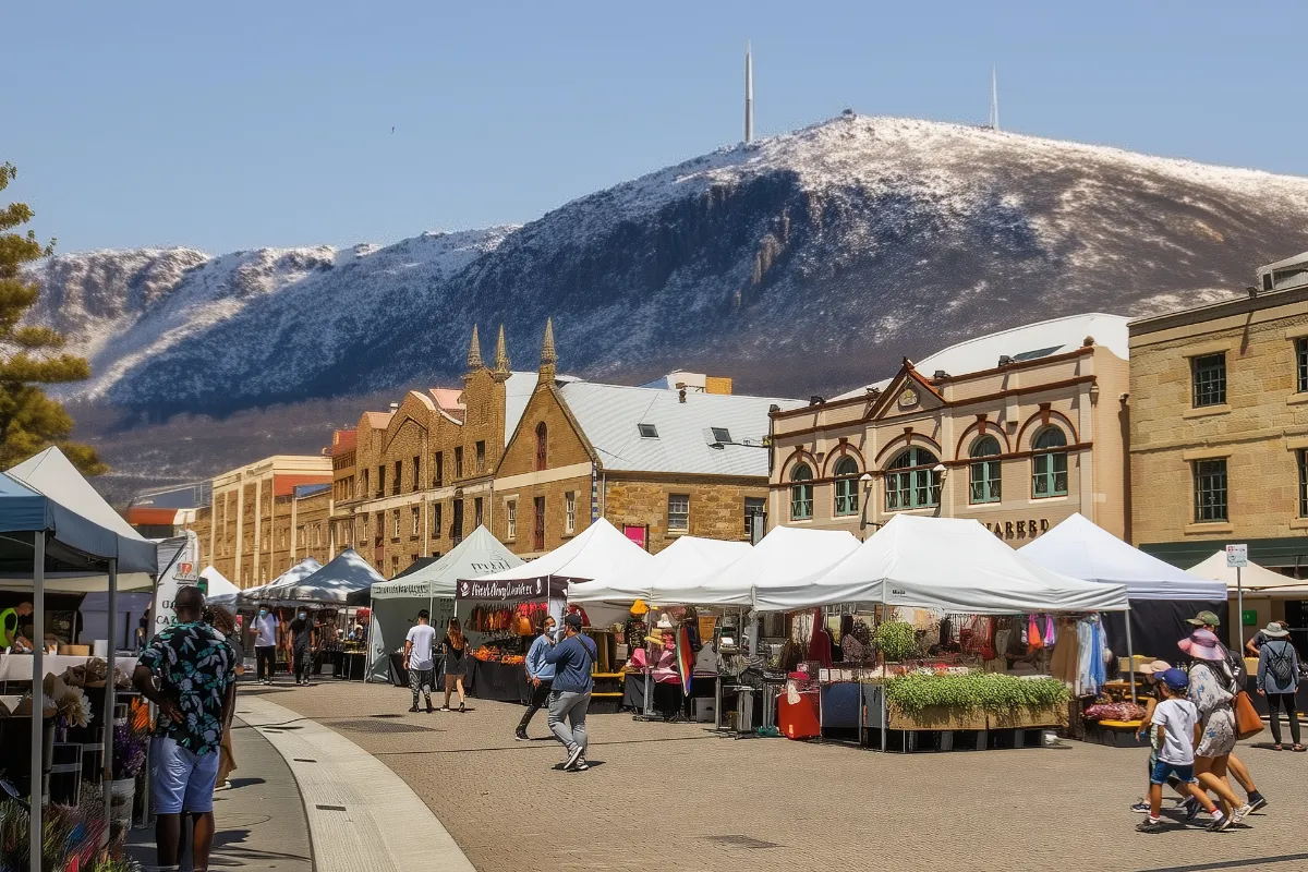 Hobart farmers market in Salamance Place with Mount Wellington in the background