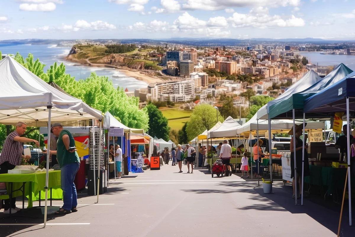Farmers markets in Newcastle in the foreground with the city seen from a drone in the background